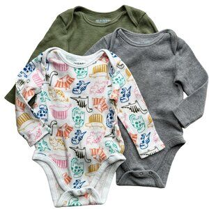 Baby Bodysuits 3 Pack Bundle Thermal Knit 6-12 Months Dinosaur Green Gray Waffle